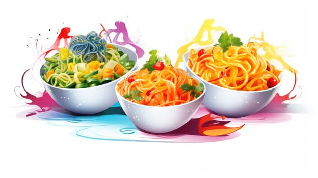 Noodle bar cartoon illustration - AI generated. Bowl, noodle, spaghetti, basil.