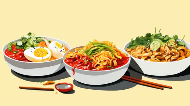 Noodle bar cartoon illustration - AI generated. Bowl, noodle, spaghetti, basil.