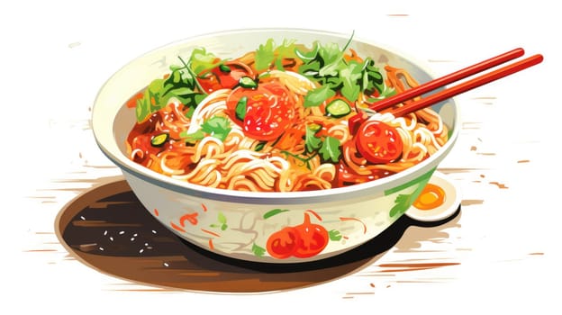 Noodle bar cartoon illustration - AI generated. Bowl, noodle, spaghetti, basil.