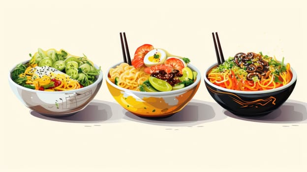 Noodle bar cartoon illustration - AI generated. Bowl, noodle, spaghetti, basil.