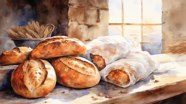 Rustic bread bakery cartoon illustration - AI generated. Rustic, bread, wheat, window.