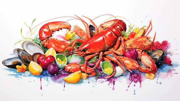 Seafood extravaganza cartoon illustration - AI generated. Seafood, crab, mussels, oysters.