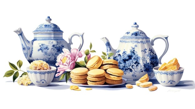 Afternoon tea cartoon illustration - AI generated. Teapot, cakes, cup, flowers.