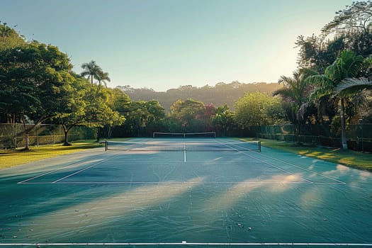 Outdoor padel tennis court. Tennis court surrounded by tropical trees on a sunny day.