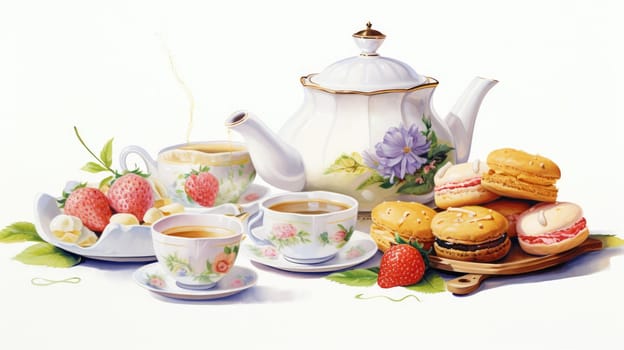 Afternoon tea cartoon illustration - AI generated. Teapot, cakes, cup, flowers.