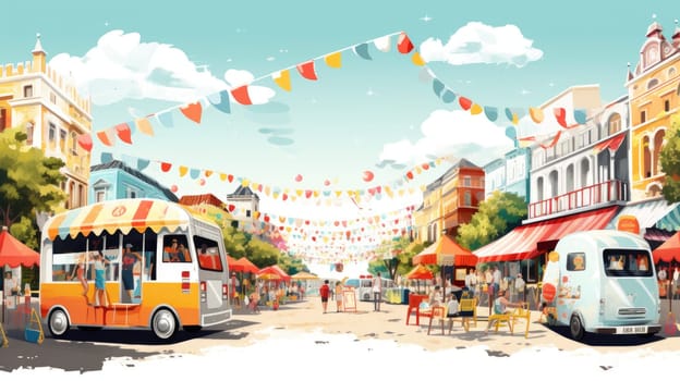 Street food fiesta cartoon illustration - AI generated. Street, food, fair, cars, people.
