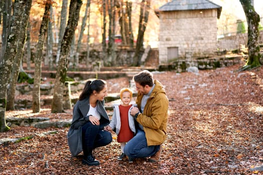 Smiling dad and mom are squatting near a little girl among the fallen leaves in the forest. High quality photo