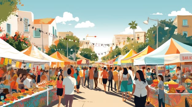 Street food fiesta cartoon illustration - AI generated. Street, food, fair, cars, people.