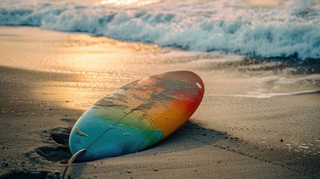 A surfboard rests on the beach as the sun sets, casting a golden glow over the water. The wind waves gently lap at the shore, creating a peaceful and serene natural landscape AIG50