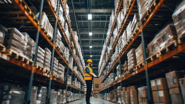 A man is standing in a building, gazing at a tablet amidst shelving, with wood flooring creating a serene atmosphere. AIG41