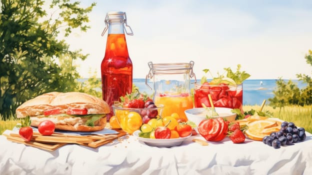 Summer picnic cartoon illustration - AI generated. Nature, fruits, food, berries.