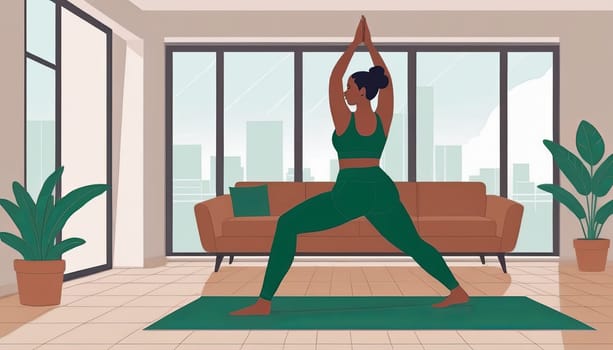 Woman, yoga practice near sofa, leggings and top attire. Bright room, large window, floor-standing flower