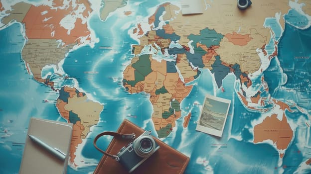 An intricate map of the world is elegantly displayed on a wooden table. The intricate patterns and font create a beautiful piece of art AIG50
