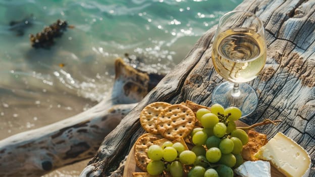 A wooden table displaying a delicious recipe with ingredients such as cheese, grapes, crackers, and a glass of wine. A natural foods dish showcasing the beauty of plantbased cuisine AIG50