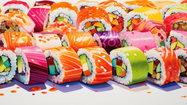 Sushi cartoon illustration - AI generated. Sushi, rolls, rice, fish.