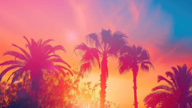 A breathtaking sunset scene with palm trees in the foreground, the sun setting in the background, casting a warm glow on the sky and creating a peaceful atmosphere AIG50