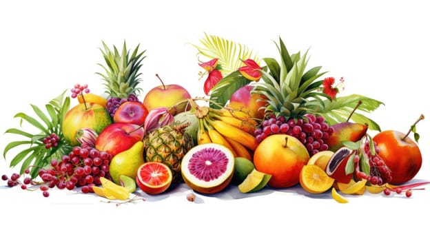 Tropical fruit cartoon illustration - AI generated. Pineapple, orange, grapefruit, grape.