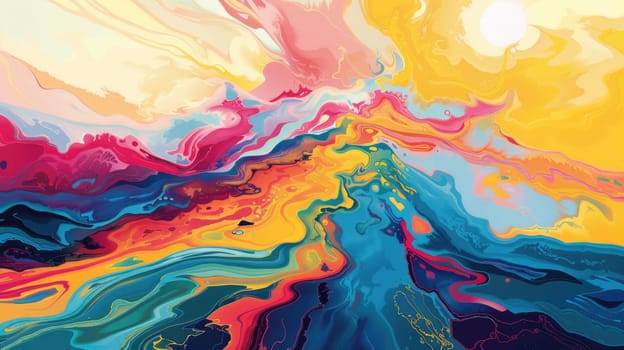 A closeup of a vibrant abstract painting depicting a magenta wind wave pattern, resembling a liquid landscape. The colors blend like water in motion AIG50