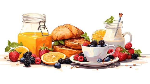 Wholesome breakfast cartoon illustration - AI generated. Nut, juice, fruits, berries.