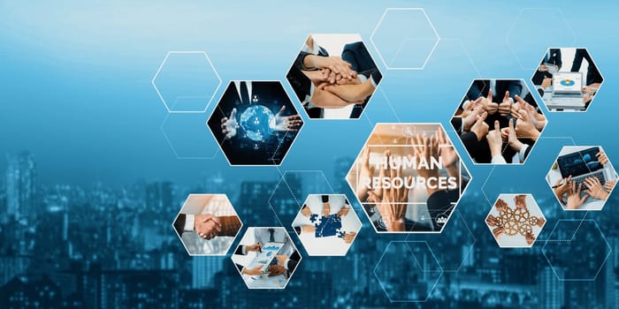 Teamwork and human resources HR management technology concept in corporate business with people group networking to support partnership, trust, teamwork and unity of coworkers in office kudos