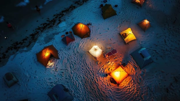 A captivating aerial view of a beach at night with a string of lanterns illuminating the waters edge, creating a magical atmosphere under the cover of darkness AIG50