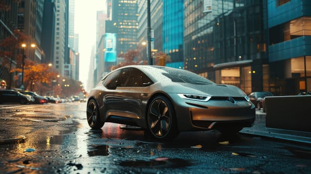 An electric car charges at a public station on a rainy city street, signifying the growth of eco-friendly transportation options. AIG41