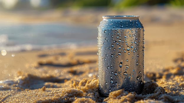 An aluminum can of beer lies in the sandy beach, its contents a refreshing liquid beverage waiting to be enjoyed under the sun AIG50