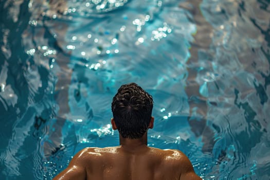 Top view of a man swimming in a pool in splashes of water.