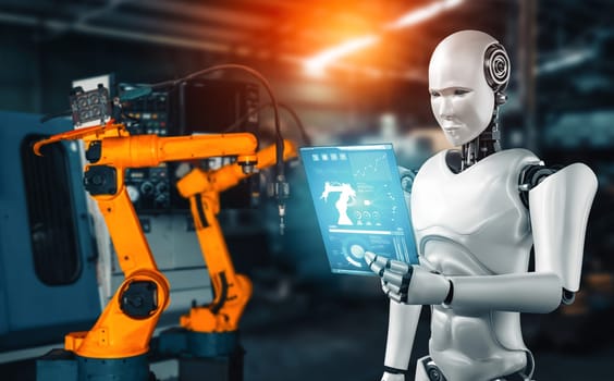 MLP Mechanized industry robot and robotic arms for assembly in factory production. Concept of artificial intelligence for industrial revolution and automation manufacturing process.