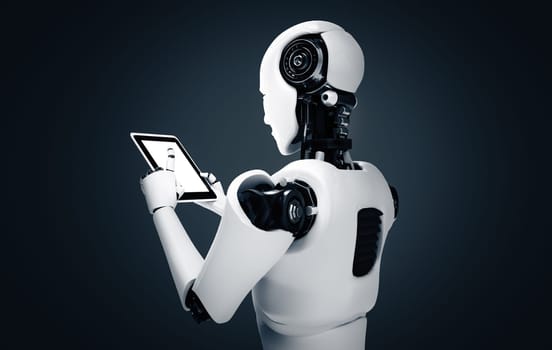 MLP 3d illustration Robot humanoid using tablet computer in future office while using AI thinking brain , artificial intelligence and machine learning process. 4th fourth industrial revolution 3D illustration.