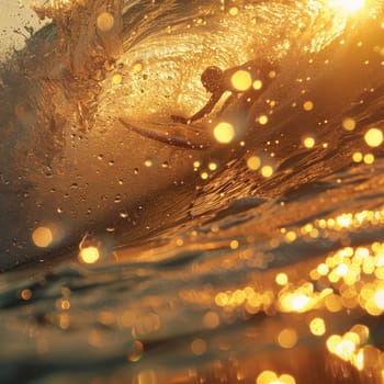 A person is happily riding a wave on a surfboard in the liquid world of the ocean, surrounded by the vast sky and majestic astronomical objects AIG50
