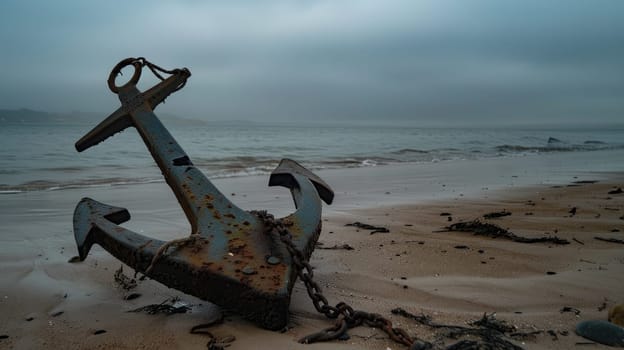 A weathered anchor rests on the sandy beach, surrounded by the gentle lapping of water. Nearby, a vibrant plant adds a touch of life to the serene scene AIG50