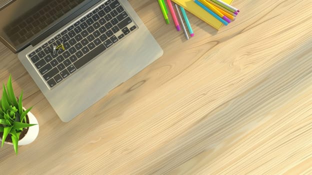 A rectangular wooden desk with a laptop, notebooks, pencils, and a potted plant. The flooring has a grass pattern, giving a natural and artistic touch to the space AIG50