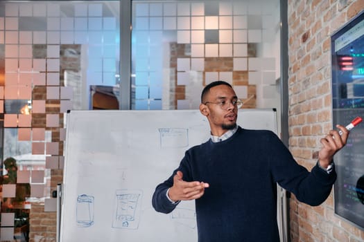African American businessman delivers a compelling presentation of his business strategy to his colleagues, fostering collaboration and forward thinking.