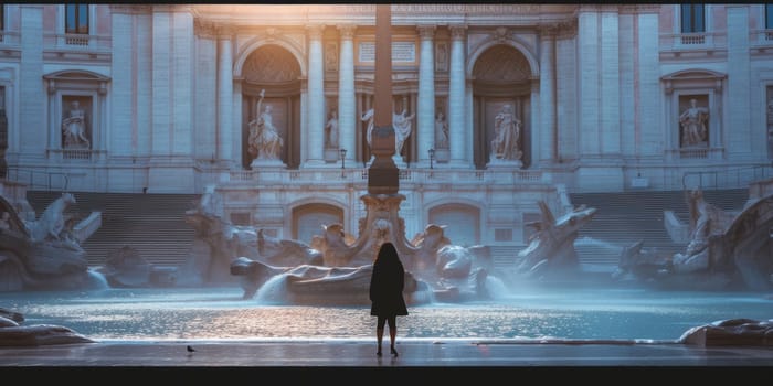 Back view of young cute woman looking at beautiful elegant tourist attraction with waterfall. Attractive tourist standing in front of elegant palace or architectural building and modern statue. AIG42.