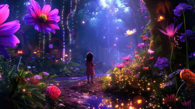 Happy children walking at fantasy forest with glowing flower with magical moment surrounded with fantasy animal. Attractive girl walking at enchanted wild garden landscape. Abstract background. AIG42.