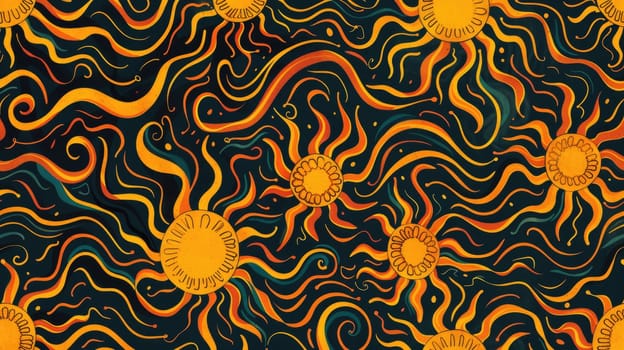 Textile sleeve featuring an intricate pattern of suns, moons, and swirls on a black background. The design incorporates elements of organisms, plants, and art in electric blue, aqua, and symmetry AIG50