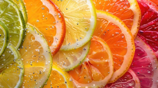 A colorful display of sliced citrus fruits such as orange, peach, and amber produce a vibrant array on the table. These ingredients can be used to create a delicious fruit dish in various cuisines AIG50
