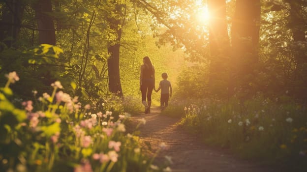 A woman and child stroll through a forest, hand in hand, amidst trees, plants, and natural woodland landscape. AIG41