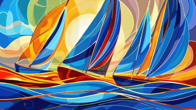 A vibrant painting depicting three sailboats floating gracefully on the ocean, captured in beautiful watercolor illustration AIG50
