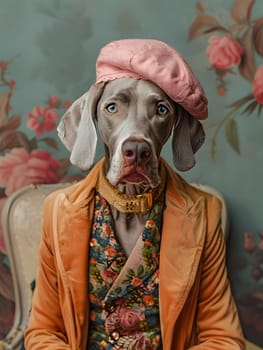 A canine from the Sporting Group breed, a carnivore known as a dog, is adorned with a pink beret and jacket while sitting in a chair, resembling a painting