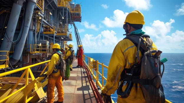 Oil workers, wearing helmets and personal protective equipment, stand on an oil rig in the ocean surrounded by water and the sky. AIG41