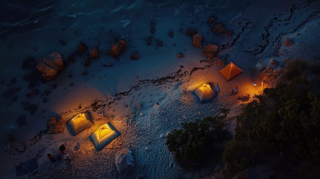A captivating aerial view of a beach at night with a string of lanterns illuminating the waters edge, creating a magical atmosphere under the cover of darkness AIG50