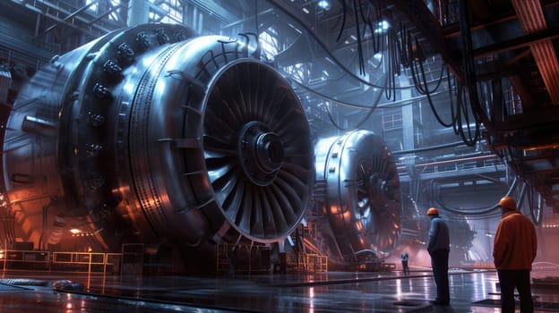 Smart engineer checking iron machine in factory while wearing safety helmet. Professional industrial worker repairing or examining machinery part or turbine machine while holding chart form. AIG42.