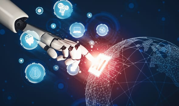 MLP 3D rendering futuristic droid robot technology development, artificial intelligence AI, and machine learning concept. Global robotic bionic science research for future of human life.
