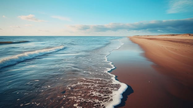 In the background is the ocean. The water is a deep blue color and there are whitecaps on the sea waves rolling in towards the shore surrounded sand at tropical island or seashore in summer. AIG42.