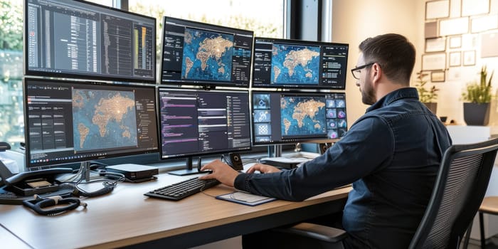 Skilled programmer coding engineering code while sitting at computer and looking at desktop with programming system. Professional website developer planning website develop plan. Technology. AIG42.