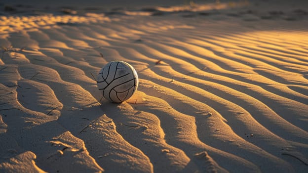 A volleyball rests atop a sandy dune overlooking the beautiful beach landscape, surrounded by aeolian landforms and hardwood flooring AIG50