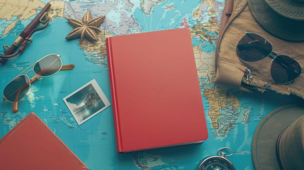 A green hat, aqua sunglasses, an electric blue compass, a watercolored notebook, and a map with an azure pattern on a circle design table AIG50