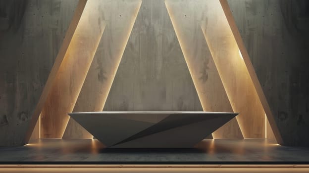 A 3d rendering of a concrete room with a triangular platform in the center. AIG51A.